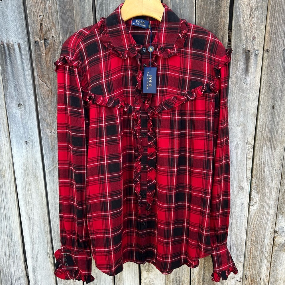 NWT Polo Ralph Lauren Ruffle Plaid Shirt Blouse Viscose Wool Red Black XL - Picture 2 of 16